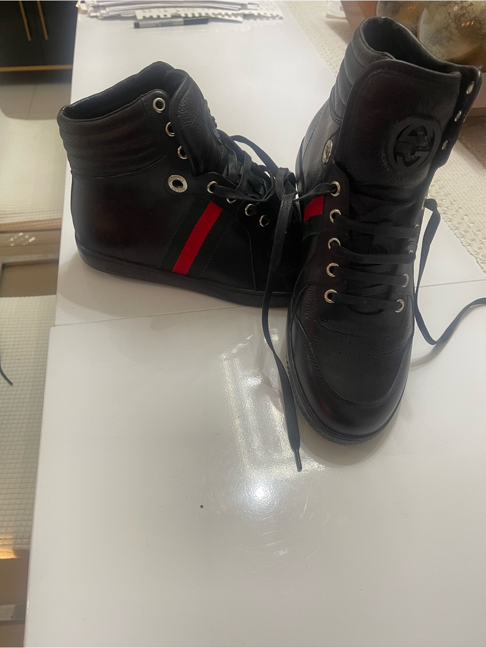Gucci Black High-Top Sneakers with Red and Green Stripe